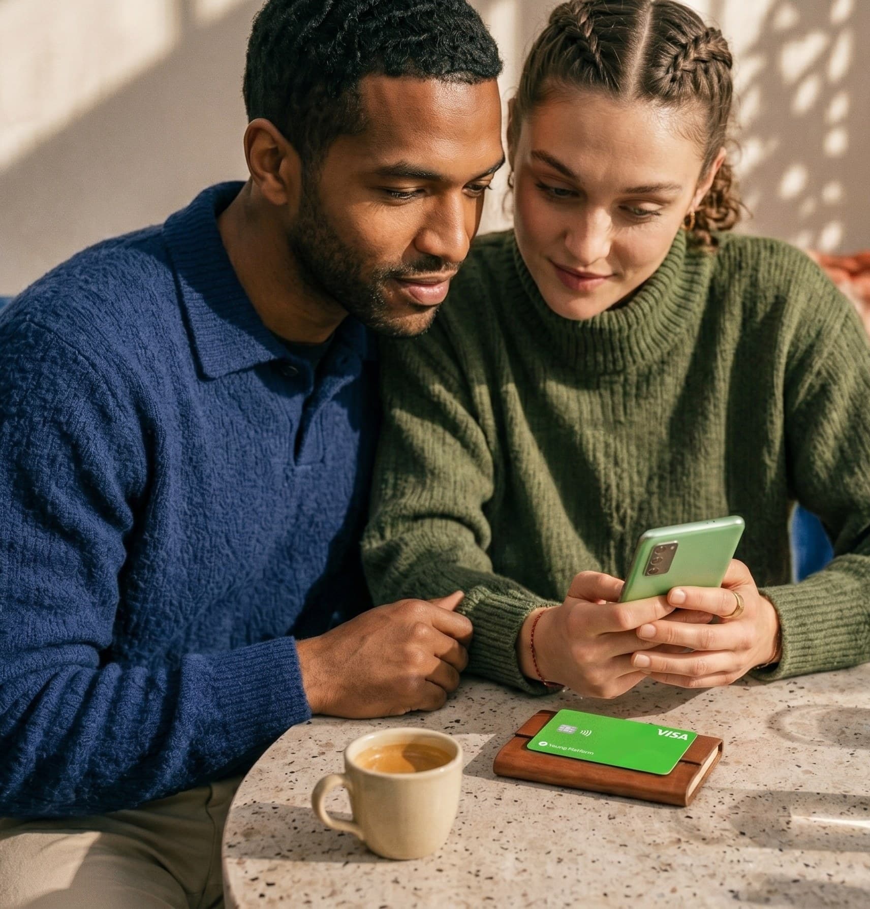 Una coppia al bar guarda l'app Young Platform sullo smartphone, con la carta Young Platform sul tavolo