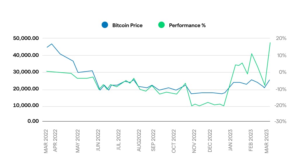 Grafico performance Bitcoin comprato con acquisto ricorrente
